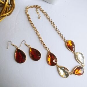 Gold Topaz Amber Crystal Teardrop Necklace Set